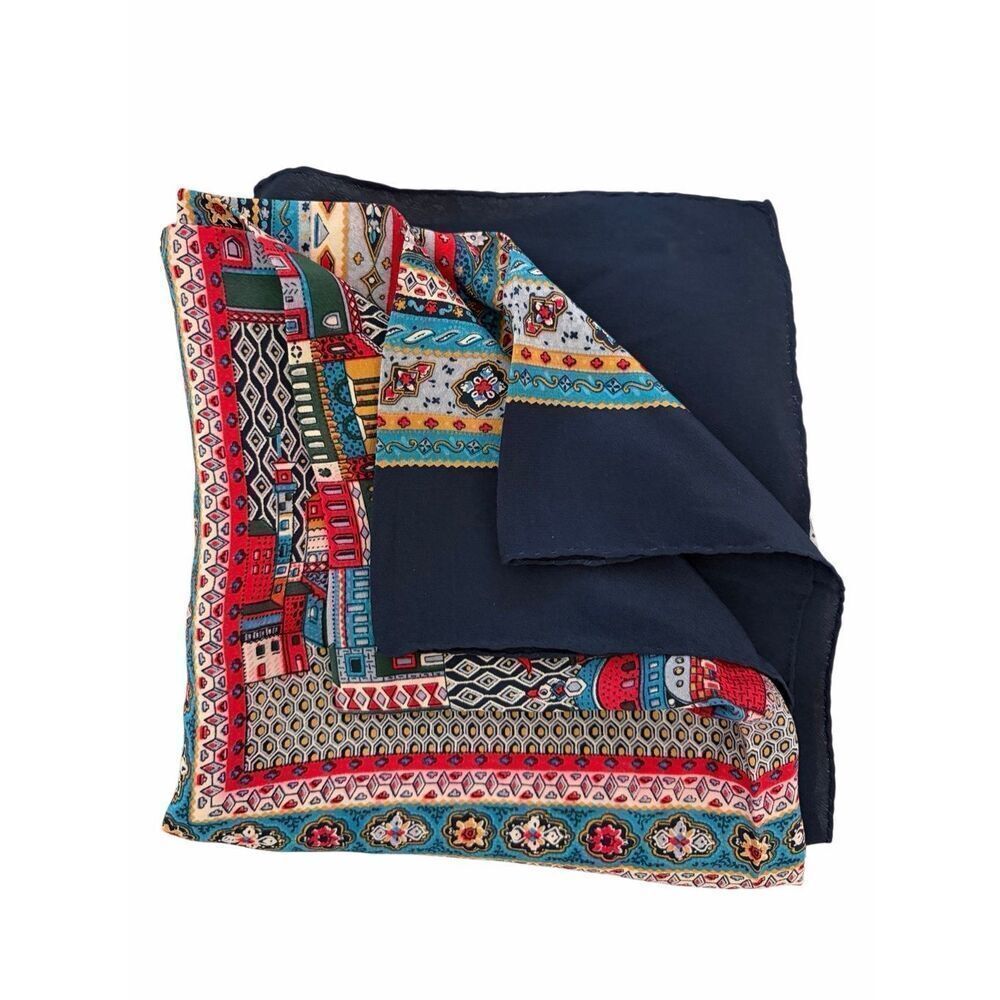 Vintage Vivienne Scenic Silk-Feel Scarf 34” x 34” Blue Cityscape Print Square - Picture 7 of 10